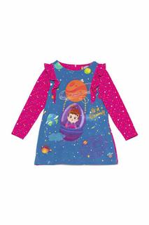  Kız Çocuk Uzay Desenli Uzun Kollu Günlük Elbise Lacivert