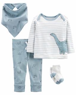  Erkek Bebek Dinozor Desenli Hastane Çıkış Seti 4'lü Paket Mavi