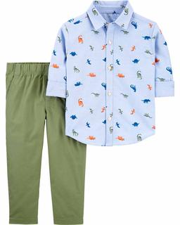  Erkek Çocuk Dinozor Desenli Gömlek Pantolon Seti 2'li Paket