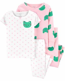  Kız Bebek Kurbağa Desenli Pijama Seti 4'lü Paket Pembe