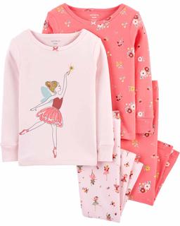  Kız Çocuk Balerin Desenli Uzun Kollu Pijama 4'lü Paket Pembe