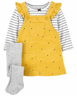  Kız Bebek Uzun Kollu Elbiseli Set 3'lü Paket Sarı