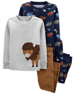  Erkek Çocuk Bizon Desenli Uzun Kollu Pijama 4'lü Paket
