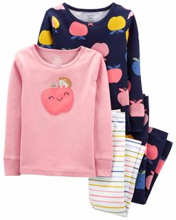  Kız Çocuk Elma Desenli Uzun Kollu Pijama 4'lü Paket