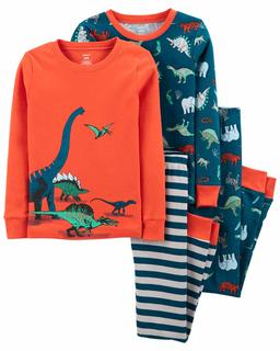  Erkek Çocuk Dinozor Desenli Uzun Kollu Pijama 4'lü Paket