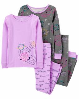  Kız Çocuk Uzun Kollu Pamuk Pijama Seti 4'lü Paket