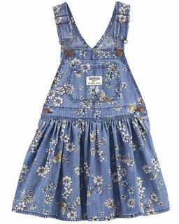  Küçük Kız Çocuk Çiçek Desenli Salopet Elbise Mavi