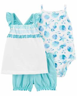  Kız Bebek Bluz Body Şort Set 3'lü Paket Mavi