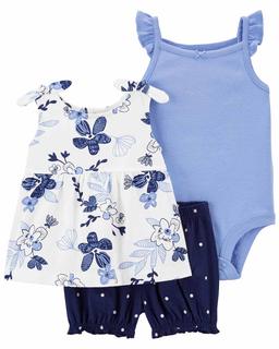  Kız Bebek Bluz Body Şort Set 3'lü Paket Mavi