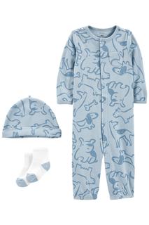  Erkek Bebek 3lü Tulum Şapka Çorap Set Mavi